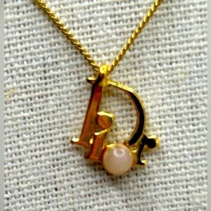 DIOR Logo Pink Pearl Gold Pendant Necklace